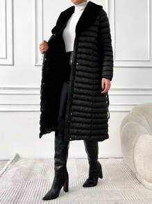 EURMUSE Fuzzy Collar Button Up Quilted Coat - Black - View 4