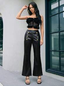 Anewsta Women's Double-Breasted Button Decorated Pu Leather Flared Pants - Black - View 2