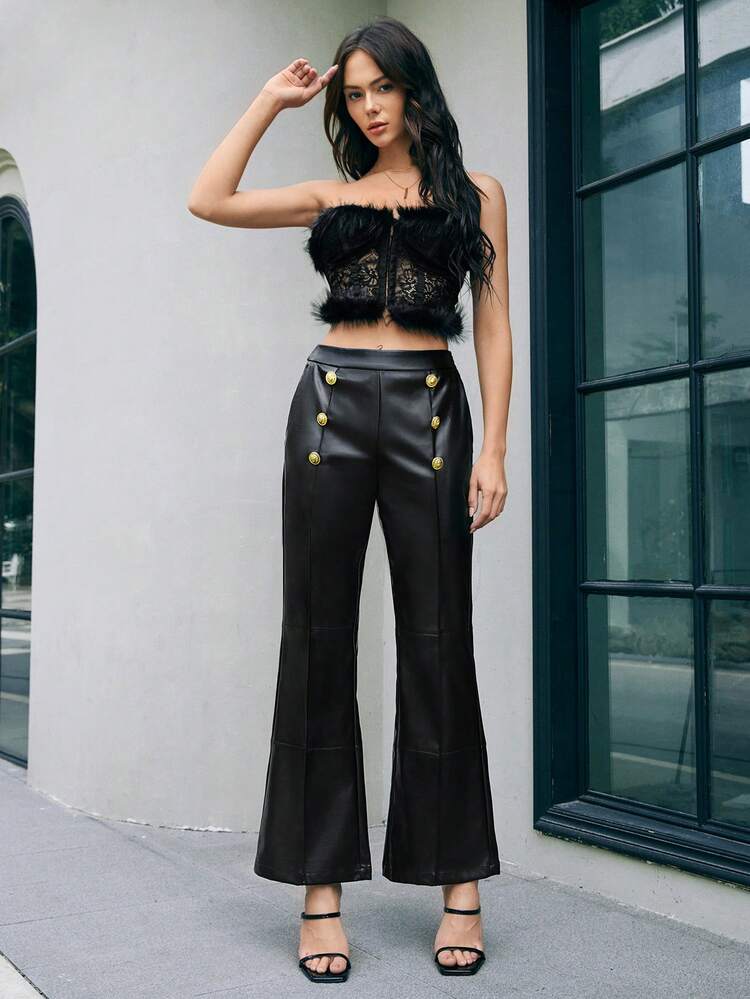 Women's Double-Breasted Button Decorated Pu Leather Flared Pants