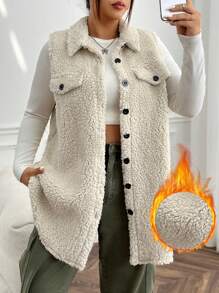 SHEIN EZwear Plus Flap Detail Teddy Vest Coat, For Winter - Beige - View 1