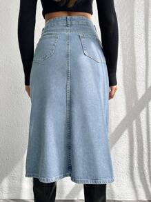 EURMUSE Diagonal Pocket Slit Hem Denim Skirt - Light Wash - View 2