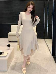 DAZY 女用不對稱下擺修身毛衣洋裝 - 杏色 - 查看 6