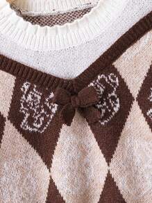 SHEIN Girls' Diamond Pattern Color Block Sweater