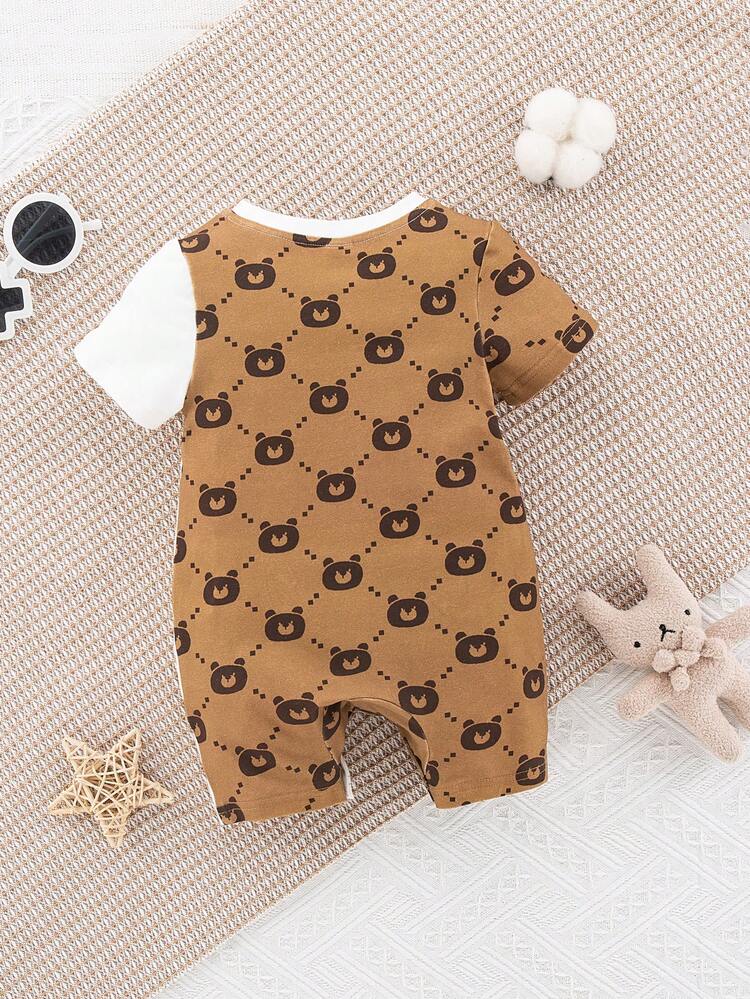 Unisex Baby Cartoon Bear Pattern Color Block Short Sleeve Romper