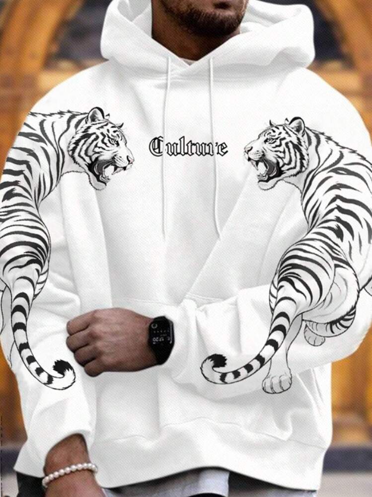 Manfinity LEGND Sudadera Con Capucha Holgada Para Hombre Con Estampado De Tigre - Blanco - Añade 1