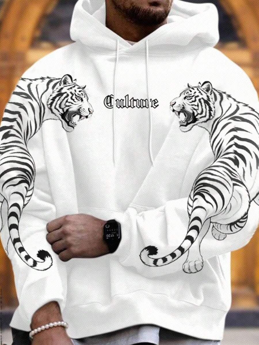 Manfinity LEGND Lỏng lẻo Nam Áo nỉ có mũ Với In hoa con hổ - trắng - Xem 1