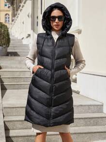 EURMUSE Zip Up Hooded Puffer Vest Coat - Black - View 3