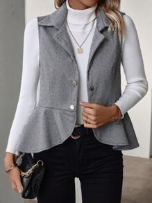 SHEIN LUNE Women's Vest Jacket With Herringbone Pattern And Ruffle Trim - Grey - View 4