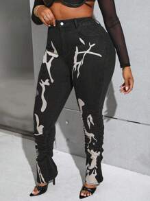 SHEIN SXY Plus Size Skinny Jeans, Black Women's Clothing With Graffiti Style For Thanksgiving & Christmas, High Waisted - Black - View 3