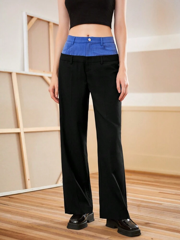 Women's Double Layer Contrast Color High Waist Straight Pants Fall Cloth For Women