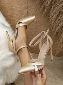 女士时尚金属蛇纹印花高跟鞋，尽显高贵气质，踝带设计，适合派对穿着 - 金色 - 查看 3