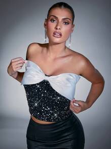 Hauture Contrast Sequin Bow Front Tube Top - Multicolor - View 5