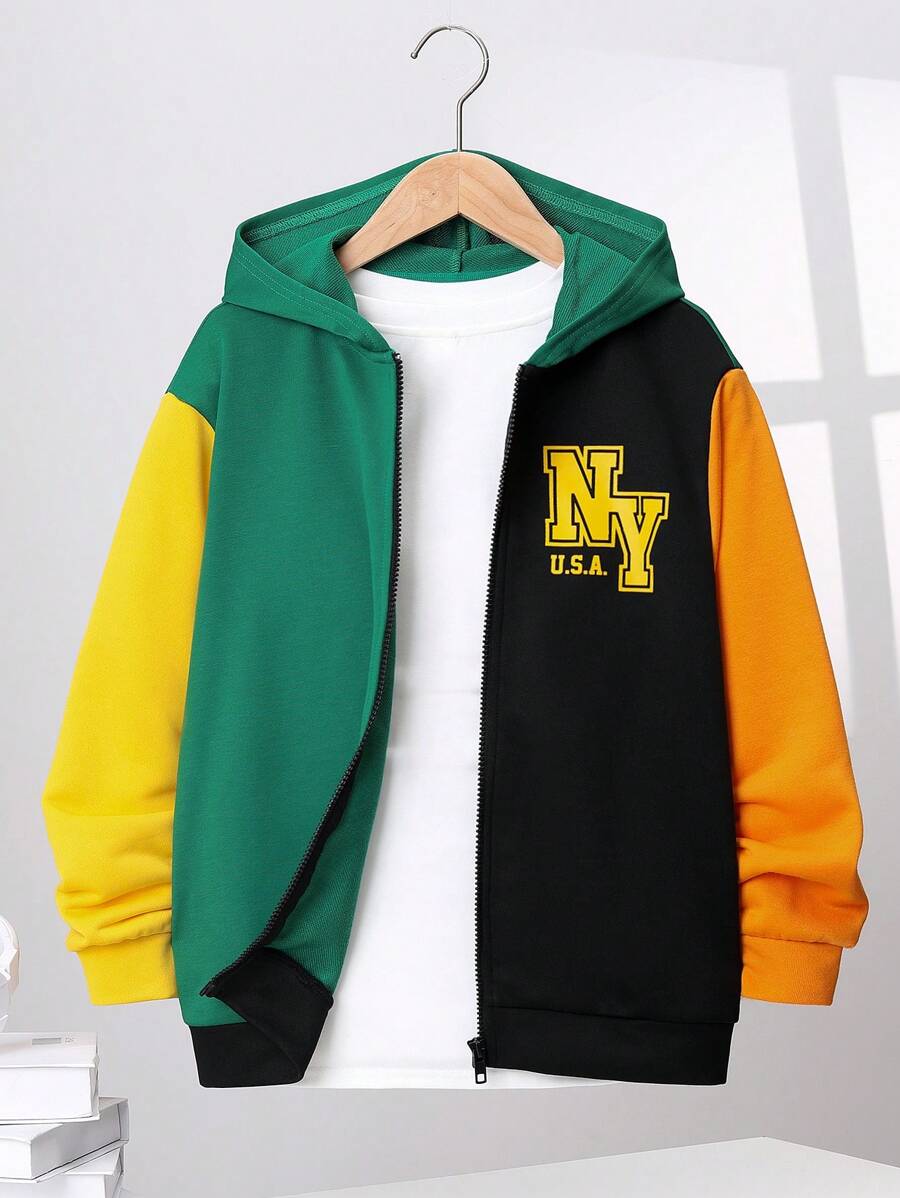 SHEIN Boys' Loose Fit Hooded Sweatshirt With Color-block & Pattern Combination Design - Multicolor - View 1