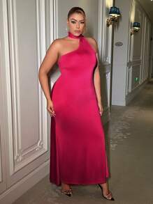 SHEIN SXY Women'S Plus Size Asymmetric Neckline Bodycon Pleated Dress - Hot Pink - View 3