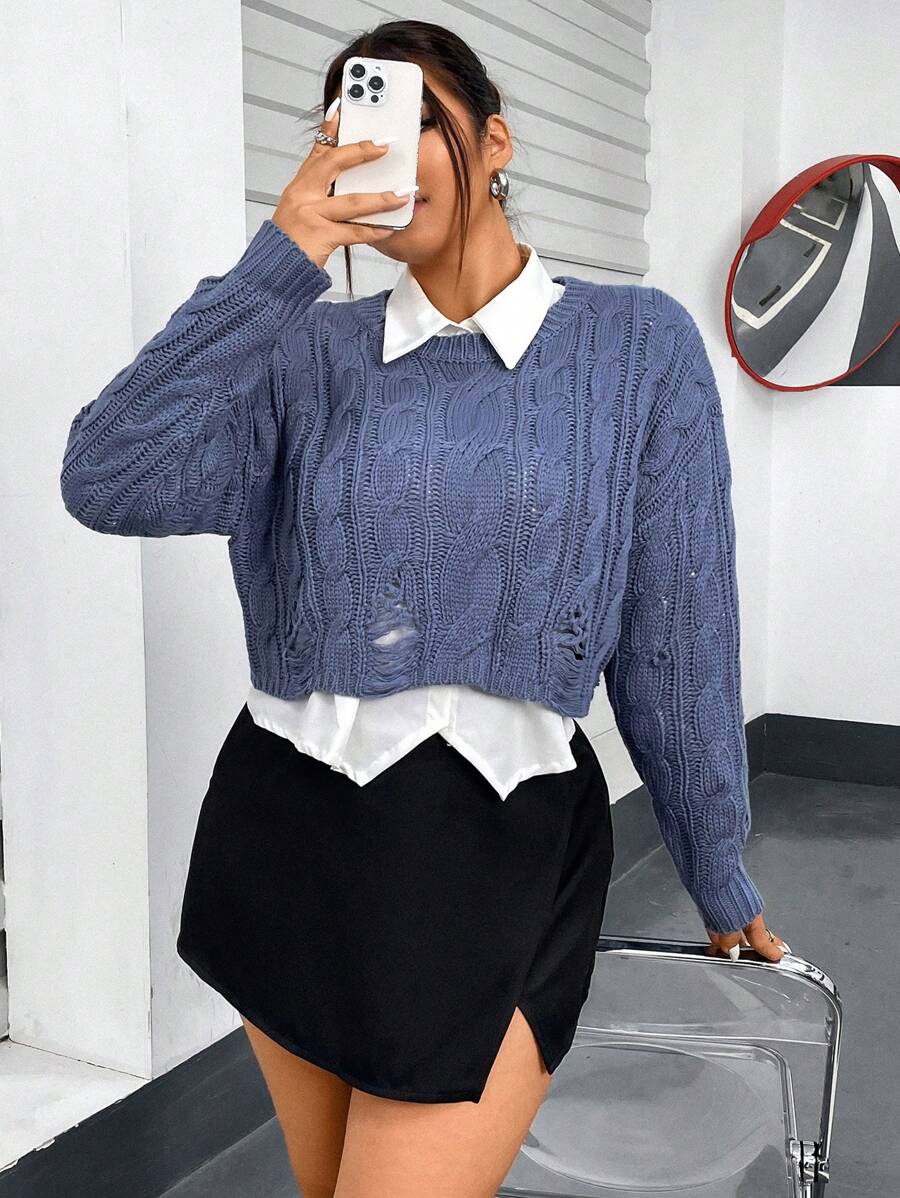 Flirla Women's Plus Size Cropped Cable Knit Sweater Knit Pullover Fall Winter Outfit - Blue - View 1