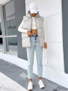 Zip Up Hooded Puffer Vest Coat - Light Grey - View 5