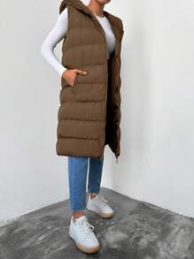 EURMUSE Zip Up Hooded Vest Puffer Coat - Brown - View 3