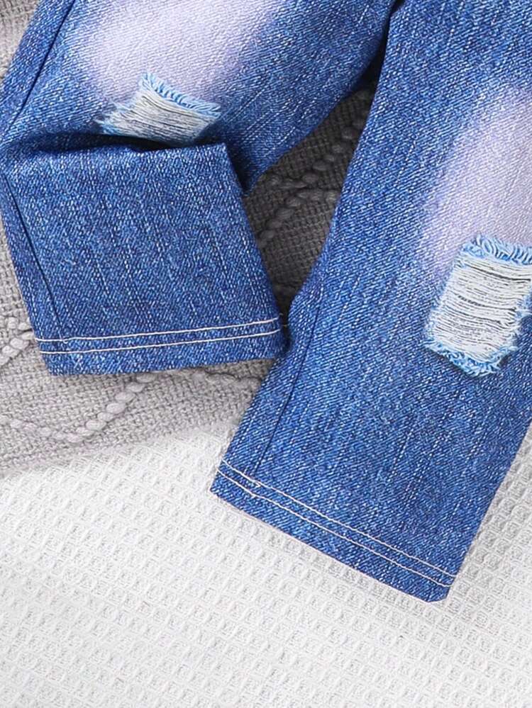 2pcs/Set Baby Boys' Sweatshirt And Denim Effect Digital Printed Overalls, Fashionable And Personalized, For Autumn And Winter