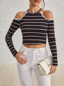 SHEIN Essnce Quý cô Sọc Vai lạnh Quần skinny Áo thun - Cà phê nâu - Xem 5