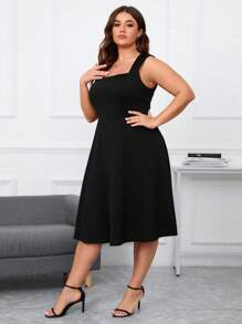 SHEIN Clasi Kích thước lớn Cổ vuông Váy chữ A - màu đen - Xem 4