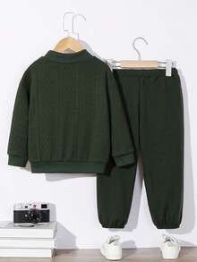Young Boy Letter Patched Drop Shoulder Sweatshirt & Sweatpants - Green - View 2