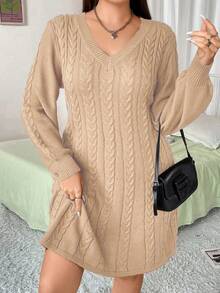 Flirla Kích thước lớn Đúng mốt Tay áo lồng đèn Cổ chữ V Xoắn Dan Đầm Áo len - Màu be - Xem 7