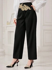 Seusyu Women's Lace Leaf Decorated Long Pants - Black - View 6