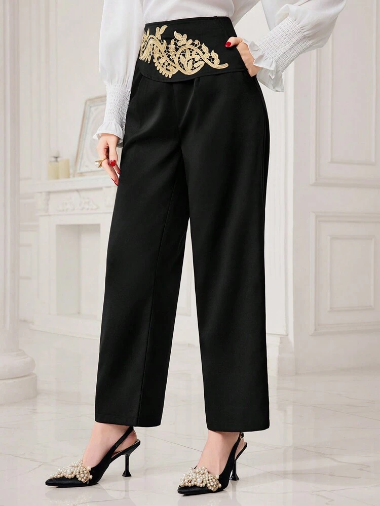 Women's Lace Leaf Decorated Long Pants