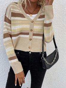 SHEIN LUNE Sọc Thả vai Nút phía trước Áo len Mở - Màu Khaki - Xem 4