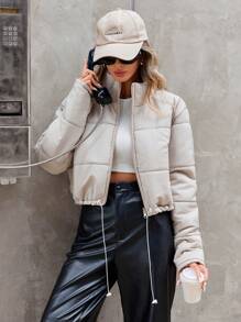 EURMUSE Zip Up Drawstring Hem Puffer Coat - Apricot - View 1