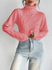 SHEIN Unity 女式高領落肩毛衣 - 淺粉色 - 查看 5