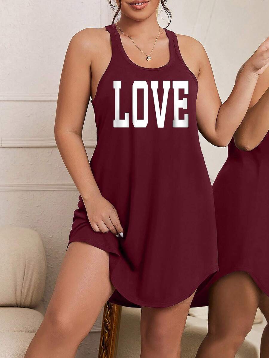 Plus Size Sleeveless Text Pattern Casual Home Pajama Dress - Burgundy - View 1