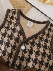 SHEIN Baby Girls' Thick Woolen Network Vest Jacket And Plaid Shirt Set, Spring/Autumn/Winter, For Christmas - Khaki - View 4
