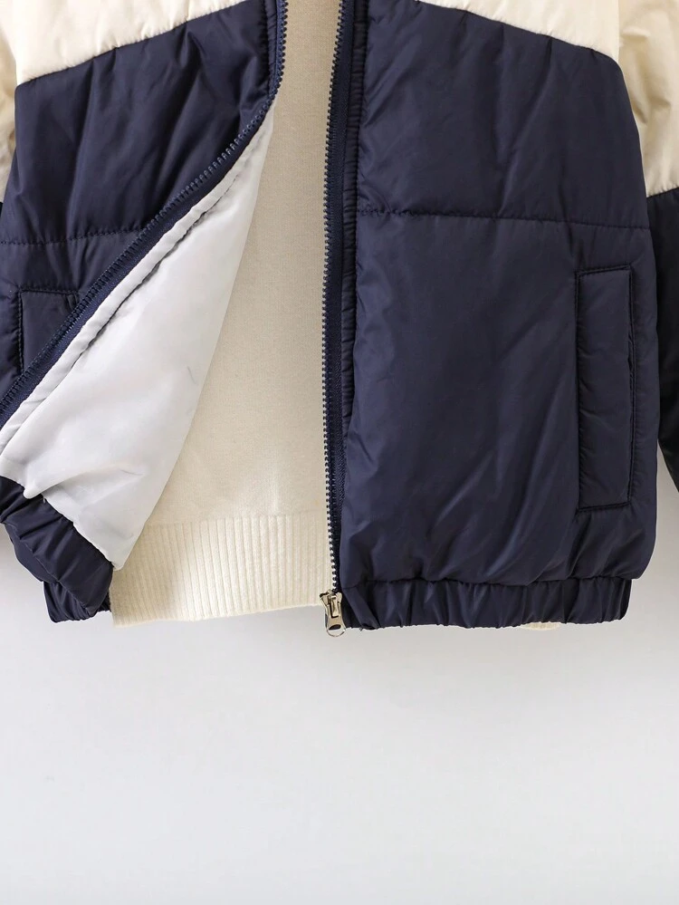 Girls' Casual Style Color Block Stand Collar Zipper Thick Jacket