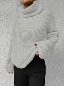 EURMUSE Solid Color Turtleneck Batwing Sleeve Sweater - Beige - View 6