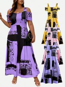 Plus Graphic Print Cold Shoulder Dress Maxi Women Outfit - Purple - View 7