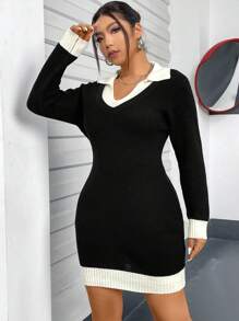 Flirla Women'S Plus Size 2 In 1 Sweater Dress - Black and White - View 4
