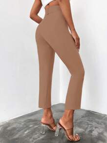 EURMUSE Solid Slant Pocket Belted Cropped Suit Pants - Brown - View 2