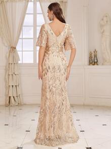 SHEIN Belle Kết cườm , Cổ v , Tay áo xù , Mỹ nhân ngư Đầm dạ hội ( Nhiệm vụ nặng nề ) - Vàng - Xem 4