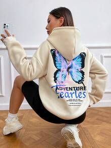 SHEIN Unity 女用蝴蝶與標語印花抽繩連帽運動衫 - 杏色 - 查看 4