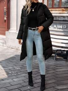 SHEIN Frenchy Abrigo largo y cálido sin mangas, acolchado, de color negro puro, para otoño/invierno