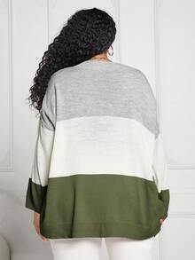SHEIN CURVE+ Plus Size V-neck Color Block Sweater - Green - View 2