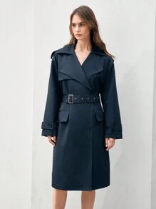 Anewsta Ladies Lapel Snap-Button Trench Coat - Navy Blue - View 3