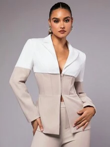 SHEIN BAE Two-tone Hook-and-eye Closure Blazer With Lapel Collar - Khaki - View 8