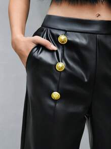 Anewsta Women's Double-Breasted Button Decorated Pu Leather Flared Pants - Black - View 6