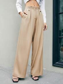 Anewsta Women's Plain Suit Pants With Button Details - Khaki - View 1