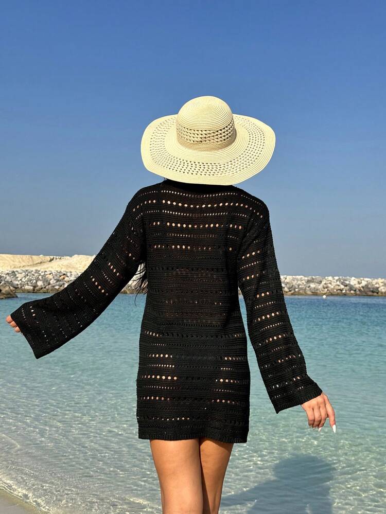 Ladies' Hollow Out Knitted Neckline Drawstring Cover Up