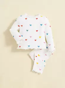 SHEIN Baby Girls' Heart Patterned Lettuce Trimmed Top And Long Pants Pajamas Set Baby Pj Set
