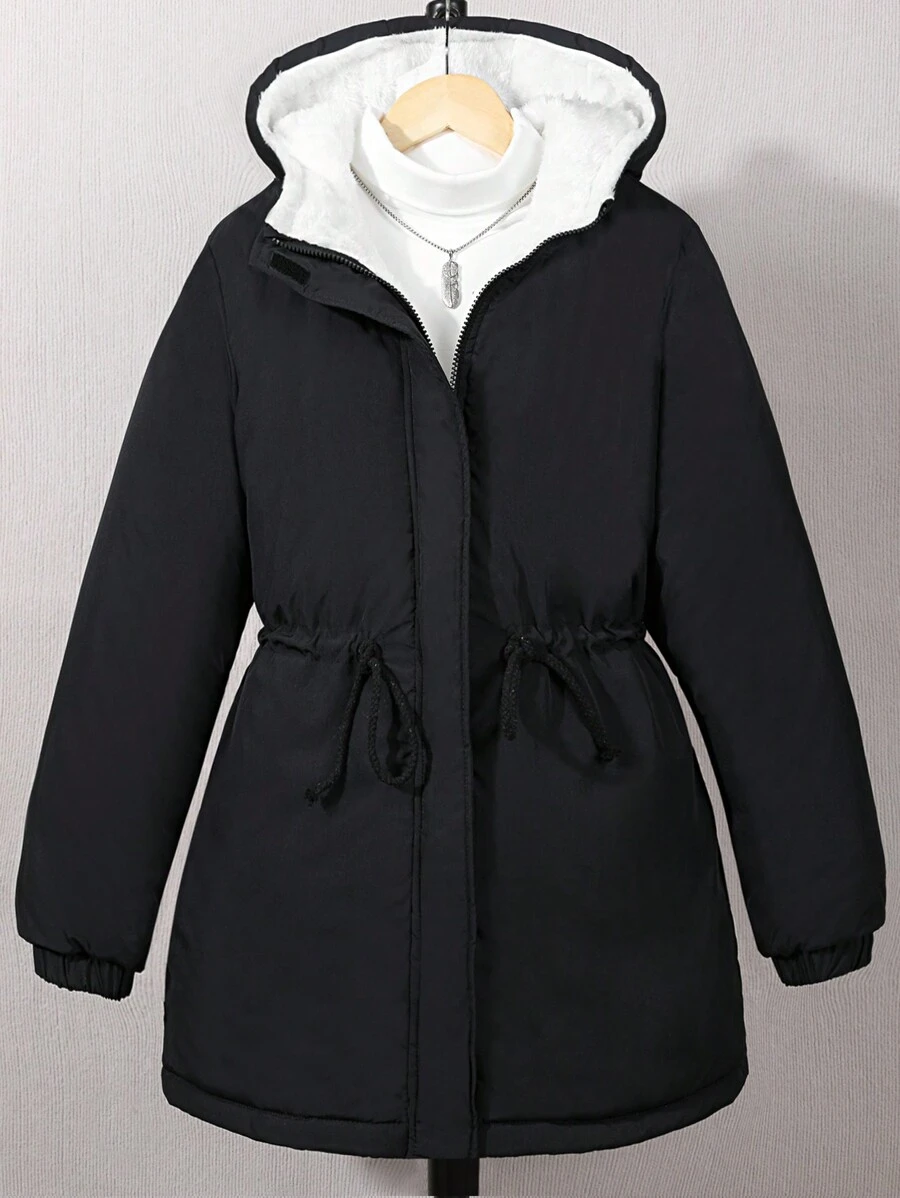 Teenage Girls' Hooded Padded Coat With Waist Drawstring - Black - View 1