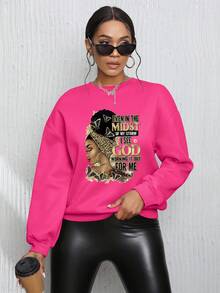 INAWLY 女式字母標語和角色印花下垂肩運動衫 - 玫紅色 - 查看 3